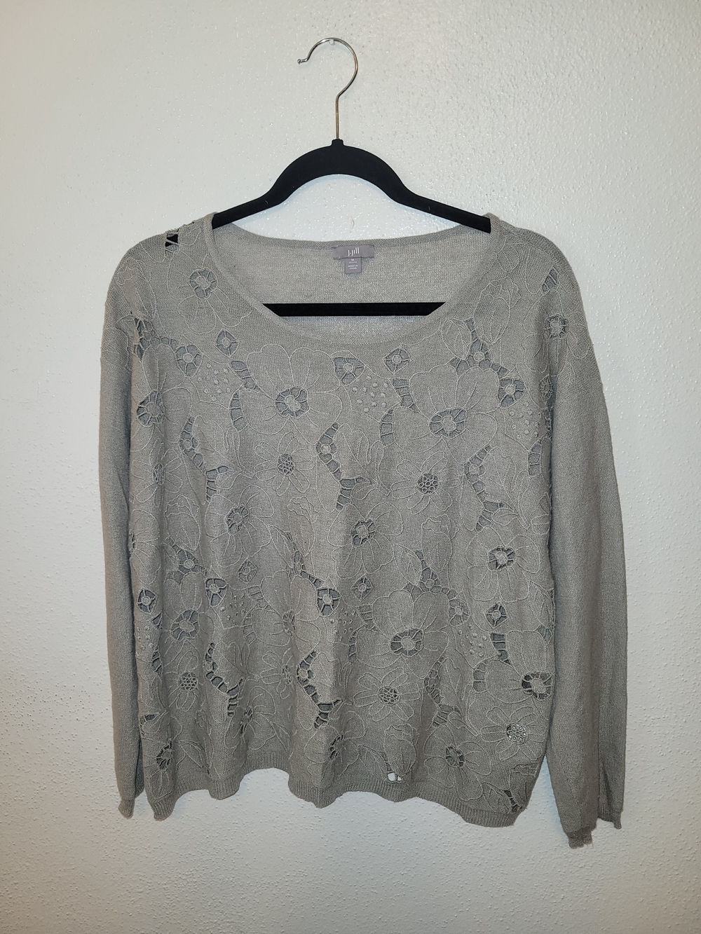 J.Jill Linen Blend Floral Lace Front Sweater Heather Taupe Medium Petite